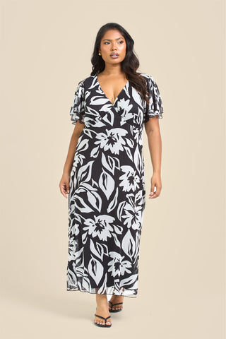 Curve Floral Mono Print Flutter Sleeve Midi Dress