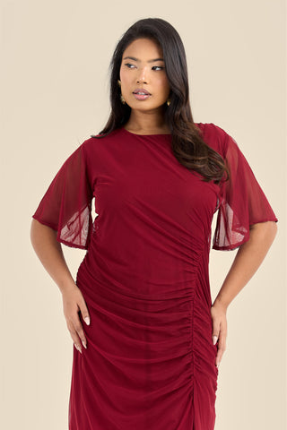 Plus Size Ruched Mesh Angel Sleeve Midaxi Dress