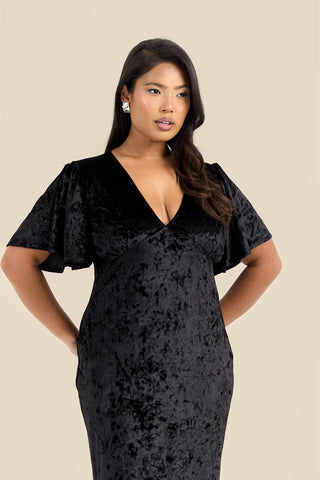 Curve Statement Flutter sleeve velvet ruffle hem maxi dress