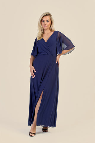 Curve Wrap Front Angel Sleeve Mesh Maxi Dress
