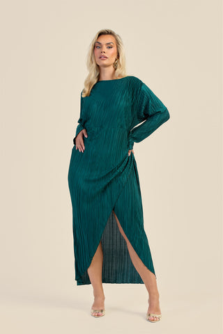 Curve Plisse Ruched Front Emerald Green Midaxi Dress