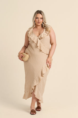 Textured Ruffle and Wrap Sleeveless Midi Dress