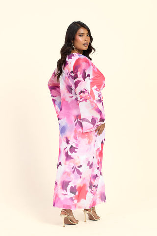 Curve Floral Twist Front Plunge Flare Sleeved Midi Dress