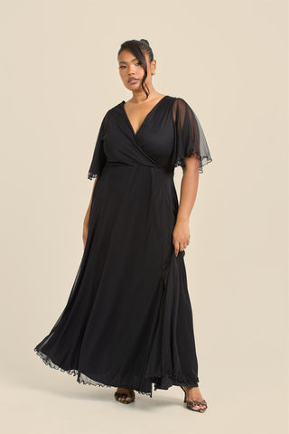 Curve Angel Sleeve Wrap Front Black Mesh Maxi Dress
