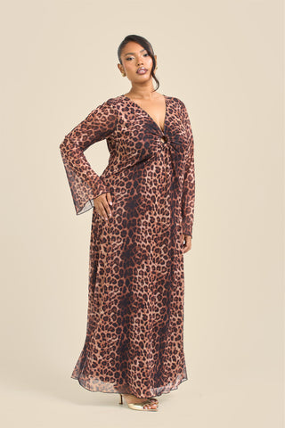 Curve Leopard Print Trim Detail Flare Sleeve Midi Dress