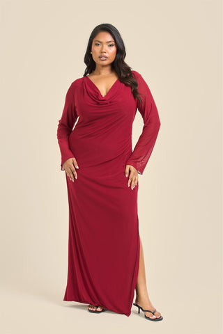 Curve Cowl neck burgundy mesh dress