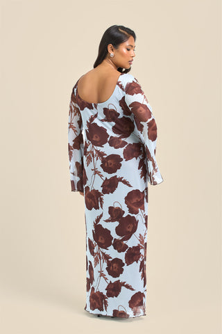 Curve Flare Sleeve Floral Print Mesh Maxi Dress