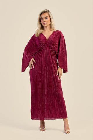 Curve Batwing plisse Burgundy Maxi Dress