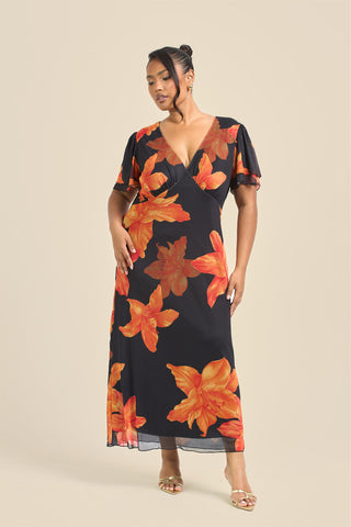 Curve Flutter Sleeve Bold Floral Midi Dress