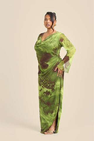 Curve Abstract Blurred Floral Cowl Neck Maxi Dress