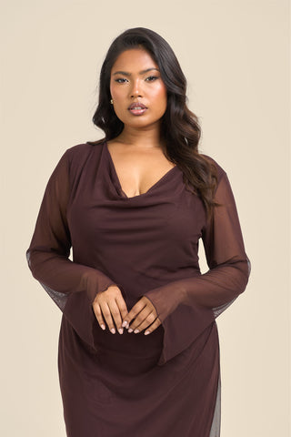 Curve Cowl Neck Long Sleeve Mesh Maxi Dress
