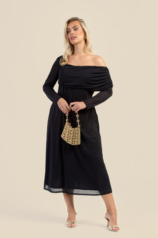 Curve Gathered Neck Long Sleeve Midi Dress