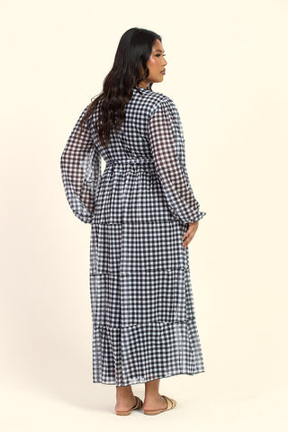 Curve Gingham Print Wrap Tie Belt Tiered Maxi Dress