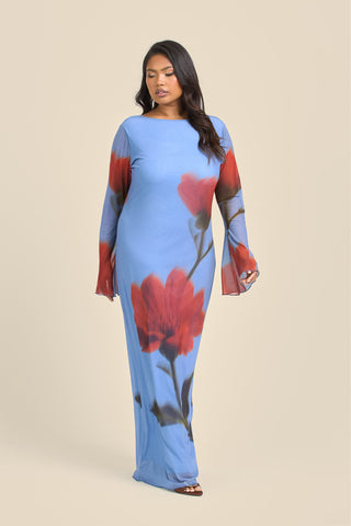 Curve Statement Floral Long Sleeve Mesh Maxi Dress