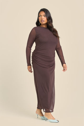 Curve long sleeve chocolate mesh midaxi dress