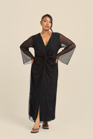Curve Twist Front Flare Sleeve Black Mesh Midi Dress