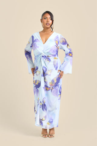 Curve Floral Lily Print Twist Front Mesh Flare Sleeve Midi Dress