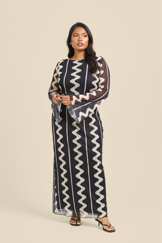 Curve mono print mesh flare sleeve maxi dress