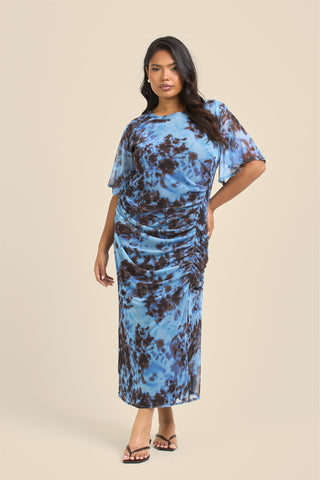 Curve Blue Abstract Print Flutter Sleeve Ruched Midi Dress
