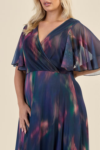 Curve Dark Water Colour Wrap Front Angel Sleeve Maxi Dress