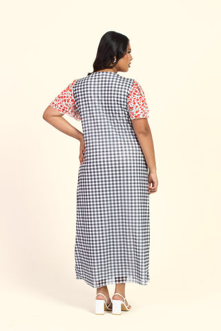 Curve Gingham And Floral Mixed Print Flutter Sleeve Midi Dress
