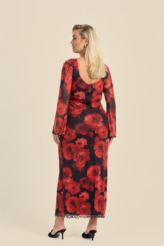 Curve Large floral flare sleeve mesh maxi dress