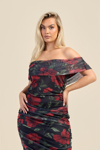 Curve bardot mesh rose print midi dress