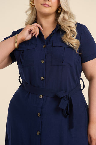 Curve Button Front Belted Shirt Dress