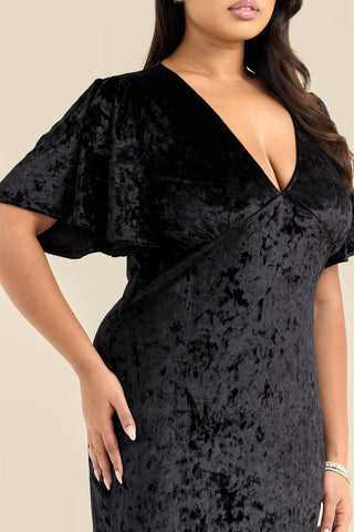 Curve Statement Flutter sleeve velvet ruffle hem maxi dress