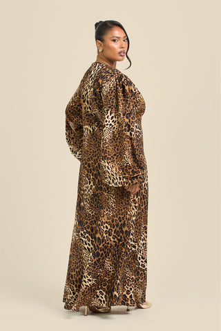 Curve Satin Statement Sleeve Leopard Print Maxi Dress