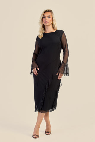 Curve Mesh Ruffle Sleeve Midi Dress