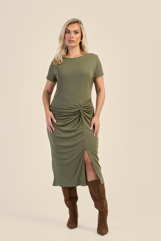 Curve Textured Knit Knotted Front Midi Dress