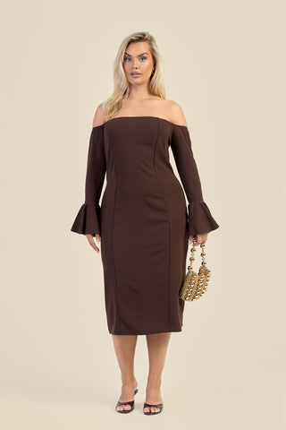 Curve Bardot Ruffle Sleeve Scuba Midi Dress