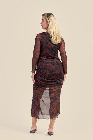 Curve Autumn Rose Ruched Mesh Midaxi Dress