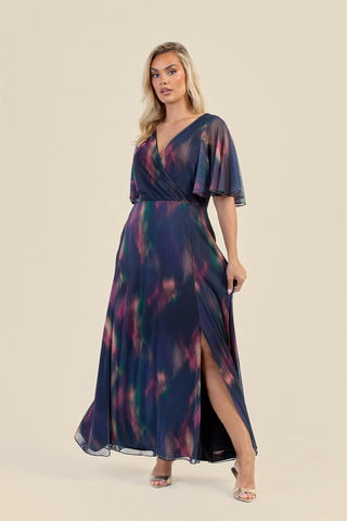 Curve Dark Water Colour Wrap Front Angel Sleeve Maxi Dress
