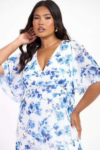 Curve Blue Floral Lace Trim Flutter Sleeve Midi Dress