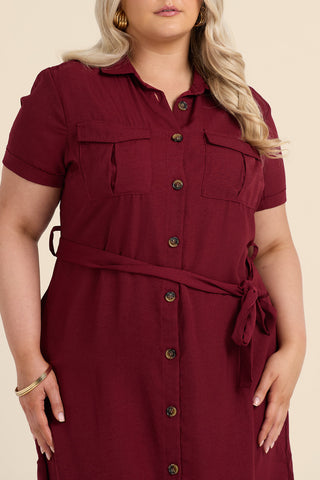 Curve Button Front Belted Shirt Dress