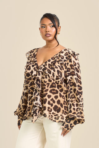 Curve Ruffle Leopard Chiffon Blouse