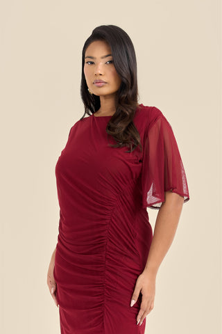 Plus Size Ruched Mesh Angel Sleeve Midaxi Dress