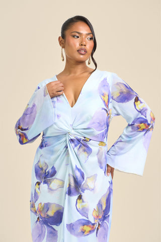 Curve Floral Lily Print Twist Front Mesh Flare Sleeve Midi Dress