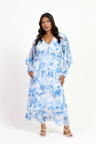 Curve Blue Floral Print Ruffle Balloon Sleeve Maxi Dress
