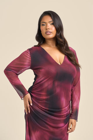 Curve plunge neck burgundy ruched mesh midaxi dress