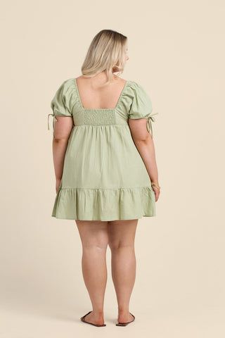 Curve Linen Puff Sleeve Mini Dress