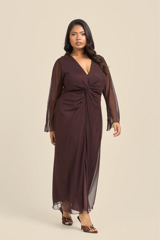 Curve Twist Front Plain Mesh Midaxi Dress