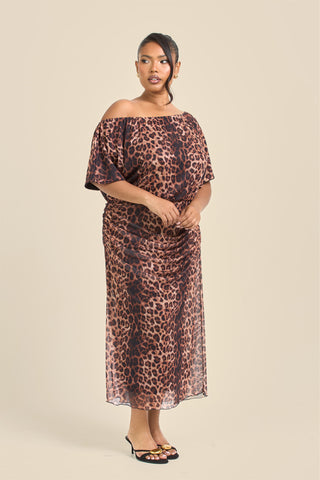 Curve Leopard Print Drop Shoulder Mesh Midi Dress