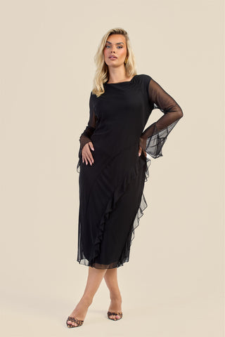 Curve Mesh Ruffle Sleeve Midi Dress