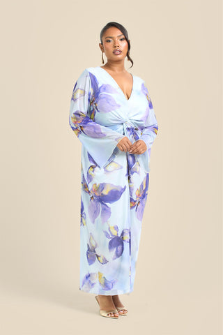 Curve Floral Lily Print Twist Front Mesh Flare Sleeve Midi Dress