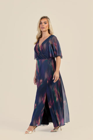 Curve Dark Water Colour Wrap Front Angel Sleeve Maxi Dress
