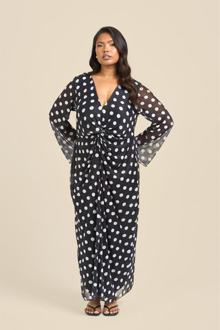 Curve Twist Front Polka Dot Mesh Midi Dress