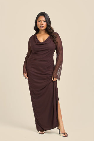 Curve Cowl Neck Long Sleeve Mesh Maxi Dress